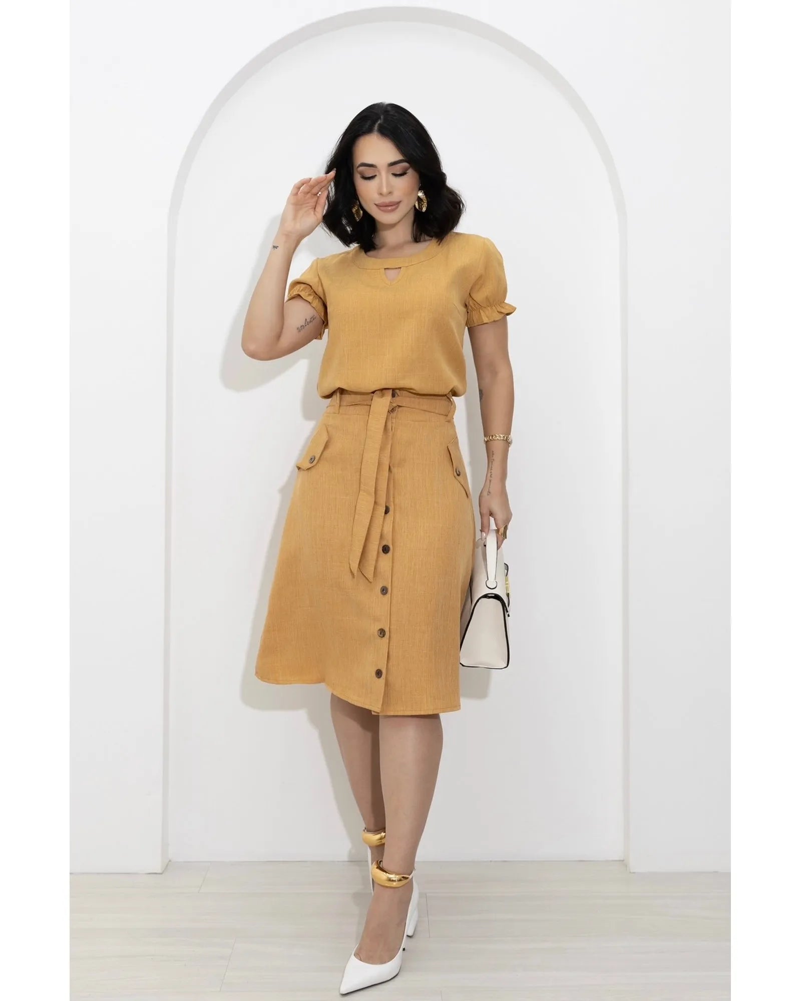 Conjunto Saia e Blusa Linho Decote Gota
